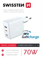 Síťový adaptér Swissten Gan 2X USB-C+ 1xUSB 70W, bílá