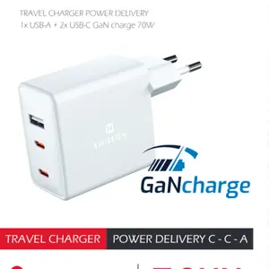 Síťový adaptér Swissten Gan 2X USB-C+ 1xUSB 70W, bílá