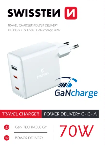 Síťový adaptér Swissten Gan 2X USB-C+ 1xUSB 70W, bílá
