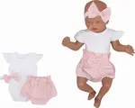 3-dielna sada body Kr. rukáv, kraťasky, čelenka s mašľou - ružová, biela, veľ. 80