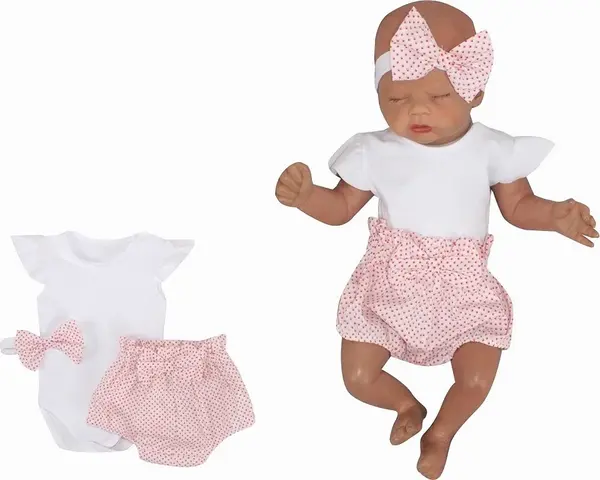 3-dielna sada body Kr. rukáv, kraťasky, čelenka s mašľou - ružová, biela, veľ. 80