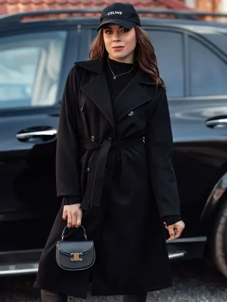 Płaszcz damski oversize CASHMELY długi drobno prążkowany czarny Dstreet