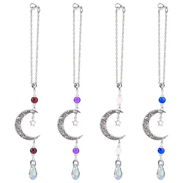 4Pcs Glass Teardrop & Alloy Moon Pendant Decorations