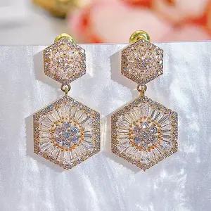 Hexagon Brass Micro Pave Clear Cubic Zirconia Dangle Stud Earrings