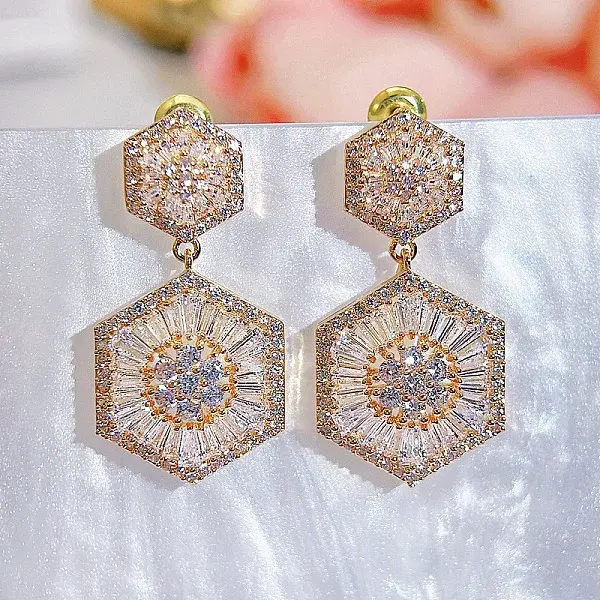 Hexagon Brass Micro Pave Clear Cubic Zirconia Dangle Stud Earrings