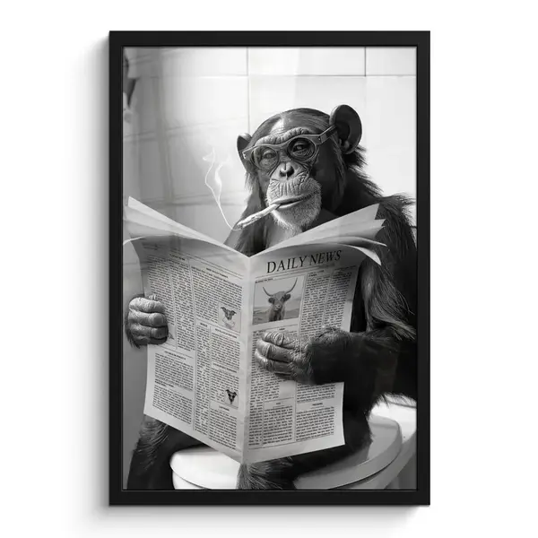 MuchoWow PLAKÁT V RÁMU Opice - WC - Noviny - Černobílé - Humor 40x60 cm