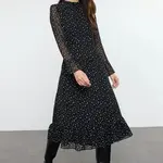 Trendyol Black and White Polka Dot Patterned A-Line Midi Lined Chiffon Woven Winter Dress