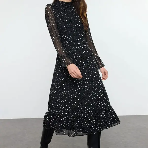 Trendyol Black and White Polka Dot Patterned A-Line Midi Lined Chiffon Woven Winter Dress