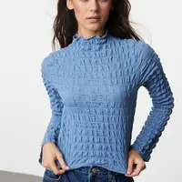Trendyol Indigo Textured Fitted/Body-Sit Stand-Up Collar Flexible Knitted Blouse