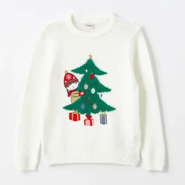LC Waikiki Girls' Crew Neck Christmas Themed Long Sleeve Knitwear Sweater