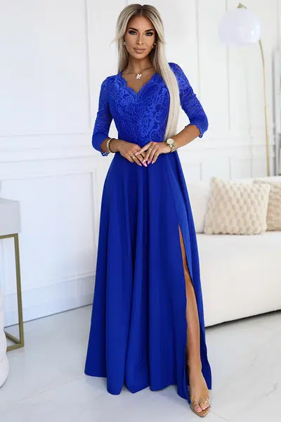 309-12 AMBER elegantní dlouhé krajkové šaty s výstřihem - barva MODRÁ