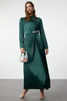Trendyol Emerald Green Stone Belted Long Satin Woven Evening Dress