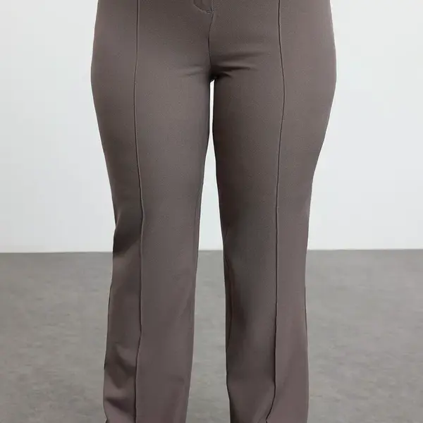 Trendyol Curve Grey High Waist Ribbed Stitched Spanish Leg Woven Fabric Trousers