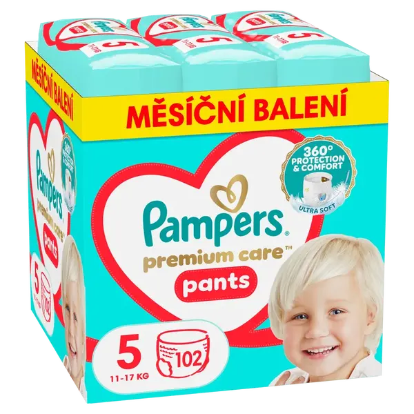 PAMPERS Premium Care Plienkové Nohavičky, veľkosť 5, 12kg-17kg 102 ks