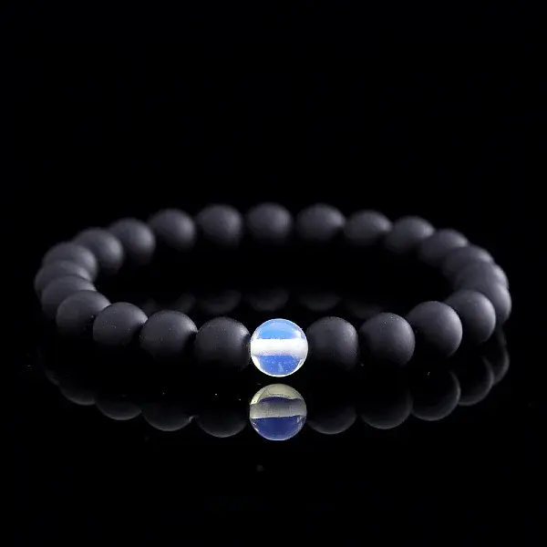 Adjustable Natural Black Obsidian & Glass Round Beads Stretch Bracelets for Men