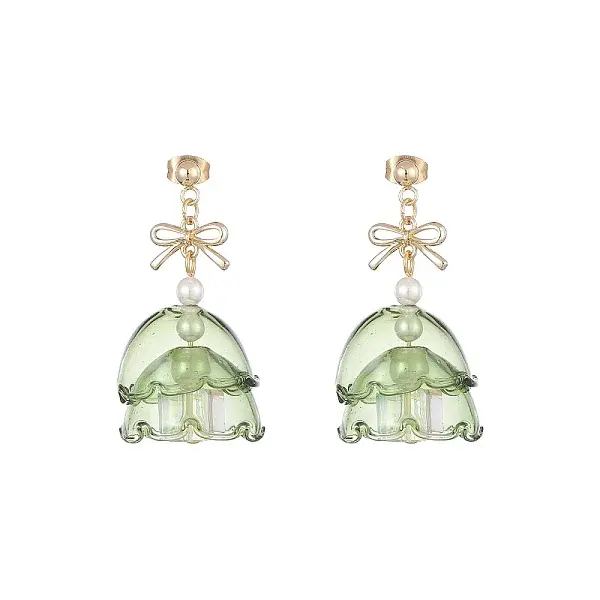 Christmas Tree Glass Dangle Stud Earrings with Shell Pearl Beaded