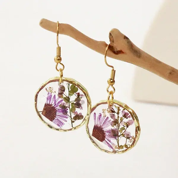 Alloy Epoxy Dried Flower Dangle Earrings