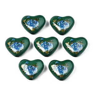 Flower Printed Opaque Acrylic Heart Beads