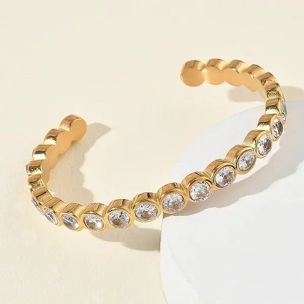 304 Stainless Steel & Cubic Zirconia Cuff Bangles for Women