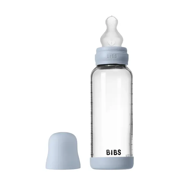 BIBS antikoliková sklenená fľaša so silikónovým cumlíkom 240ml - Baby Blue