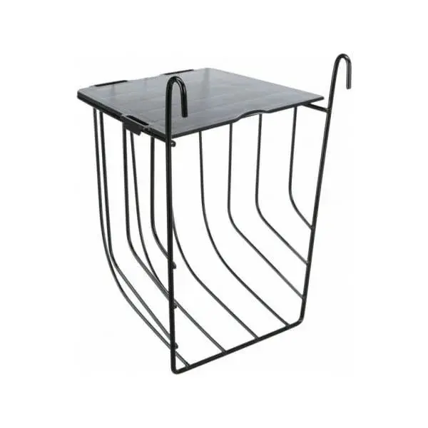 Závesné čierne kovové jasličky na seno s vekom 13×18×12cm