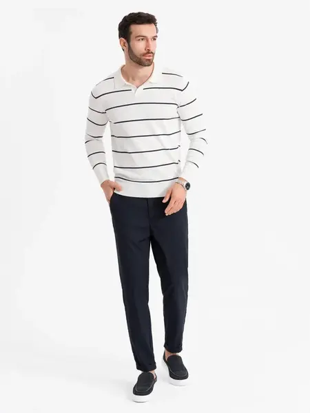 Ombre Men's horizontal striped polo longsleeve with viscose - white and navy blue