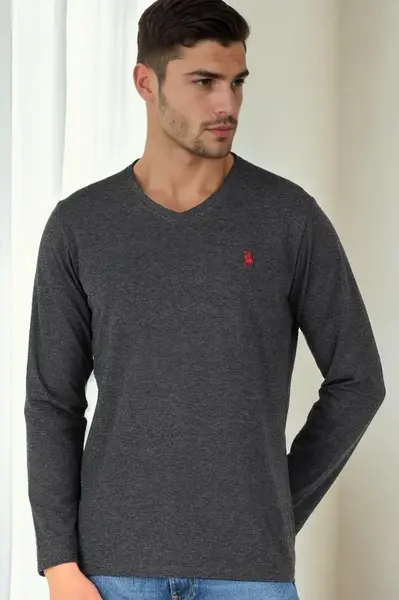 T9587 DEWBERRY V-NECK MEN'S LONG SLEEVE T-SHIRT-ANTHRACITE