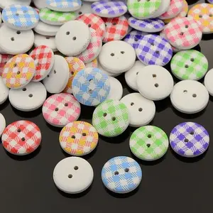 2-Hole Flat Round Tartan Pattern Printed Wooden Sewing Buttons
