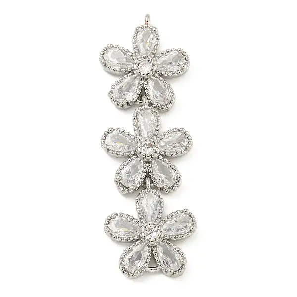 Brass Pave Clear Cubic Zirconia Three Flower Links Connector Charms