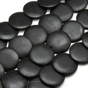 Natural Flat Round Black Stone Beads Strands