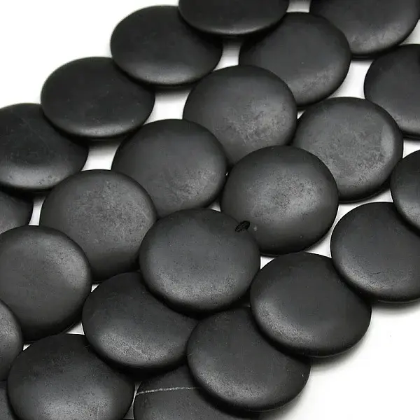 Natural Flat Round Black Stone Beads Strands