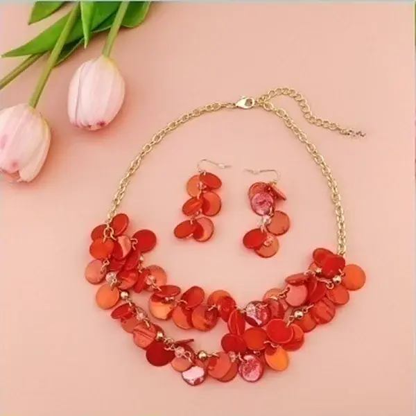 Flat Round Shell Dangle Earrings & Double Layer Necklaces Sets