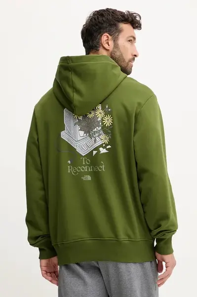 Bavlněná mikina The North Face Connect Relaxed pánská, zelená barva, s kapucí, s potiskem, NF0A8E40BRI1