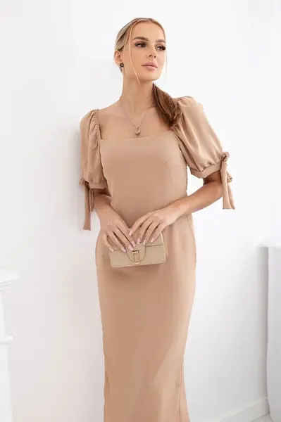 Women's dress gathered at the back with tied sleeves - camel