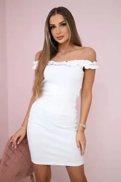 White dress with ruffles to the shoulders