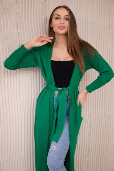 Long sweater with waist tie in green color