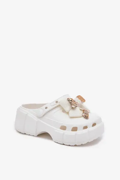 Boto Detské Dievčenské Pantofle Z Pěny S Mašľou A Ozdobami Biele Selvana