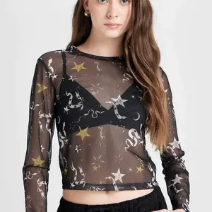 DEFACTO Cool Fitted Body Patterned Tulle Short Sleeve Black T-Shirt