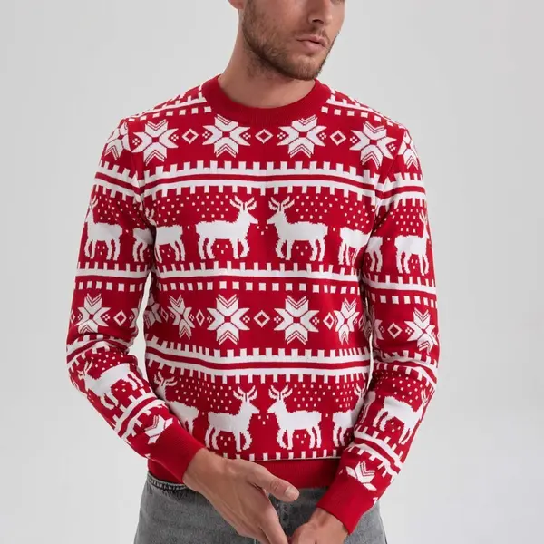 DEFACTO Standard Fit New Year Themed Crew Neck Knitted Sweater