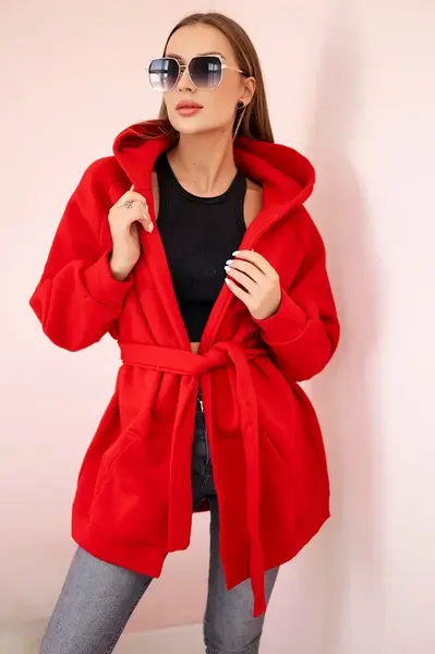 Zateplená pelerína se zavazováním v pase červená