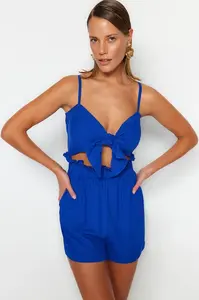 Trendyol Sax-Wave Tie 100% Cotton Linen Look Jumpsuit