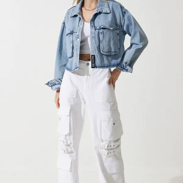 Happiness İstanbul Women's Medium Blue Wide Pocket Denim Jacket