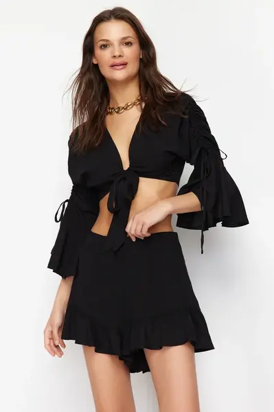 Trendyol Black Woven Ruffle Blouse Shorts Beach Set