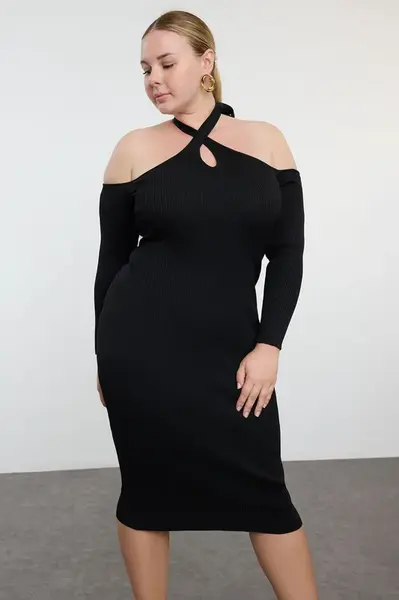 Trendyol Curve Black Halter Neck Ribbed Midi Knit Dress