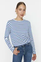 Trendyol Navy Blue Striped Regular/Normal Pattern Basic Crew Neck Knitted T-Shirt