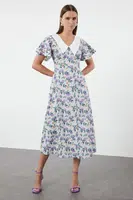 Trendyol Purple Floral Patterned Collar Detailed Midi Woven Dress