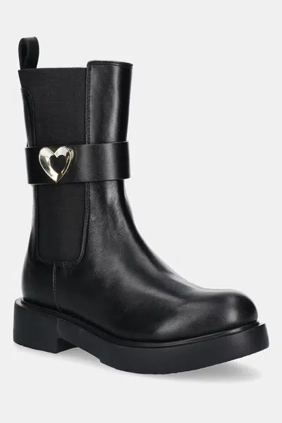 Kožené kotníkové boty Love Moschino dámské, černá barva, na plochém podpatku, JA24044G1NIA0000