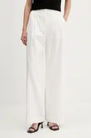 Kalhoty s příměsí lnu Sisley dámské, bílá barva, široké, high waist, 4W7HLF06X