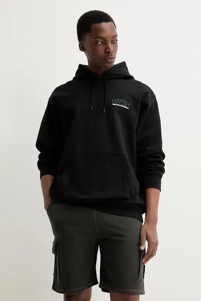 Bavlněná mikina Vans pánská, černá barva, s kapucí, s potiskem, VN000M1PBLK1