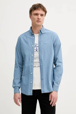 Bavlněná košile Pepe Jeans pánská, modrá barva, slim, s límečkem button-down, PM3090014C0
